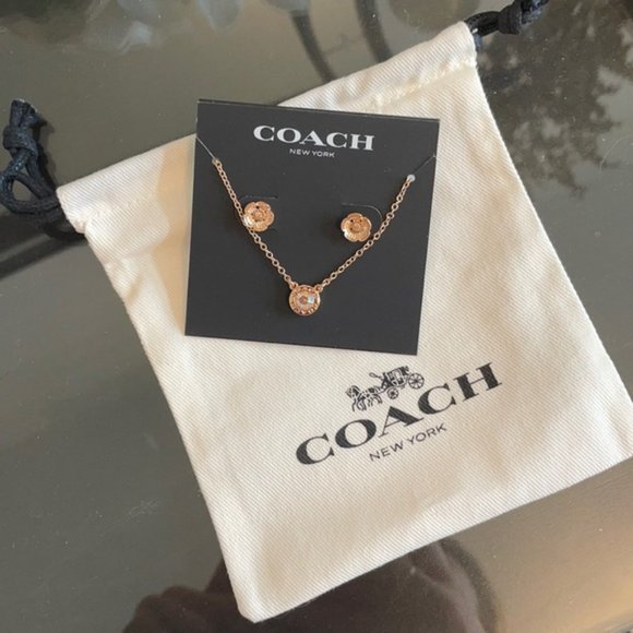 COACH Rose Gold Open Circle Necklace and Tea Rose Stud Earrings Set - Picture 1 of 3